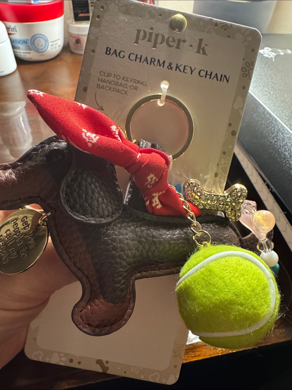 Piper Brown Leather Dog Bag Charm with Red Bandana & Neon Yellow Tennis Ball